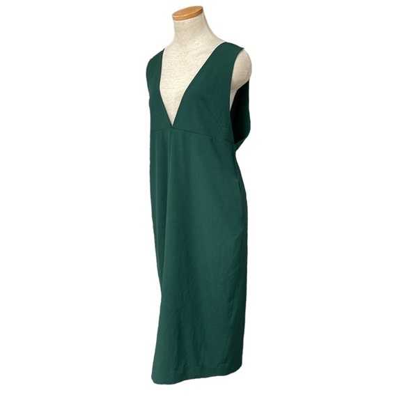 Simple Retro Dress Womens Large Green V-Neck Midi Sleeveless Open Back - Picture 3 of 17
